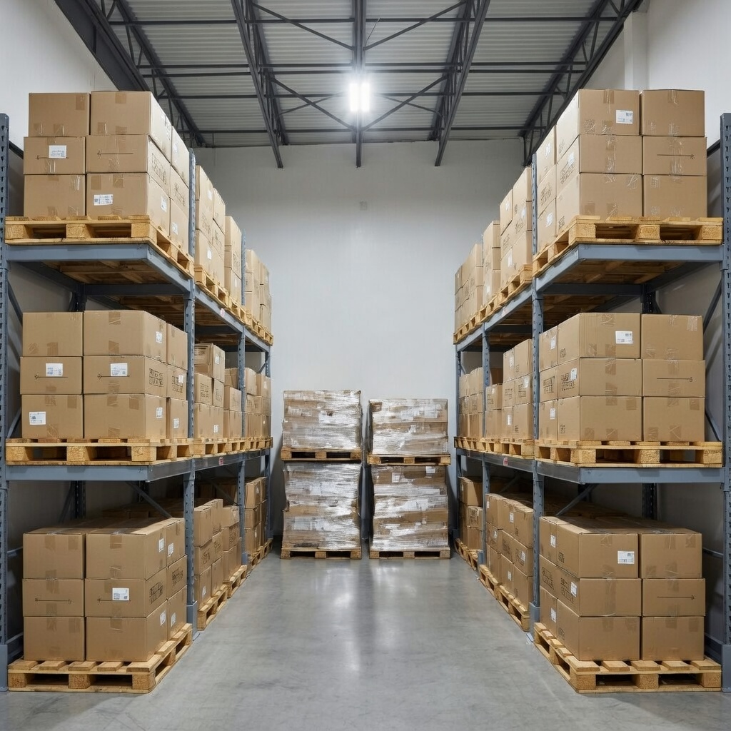 Modern warehouse storage facility with organized boxes and pallets